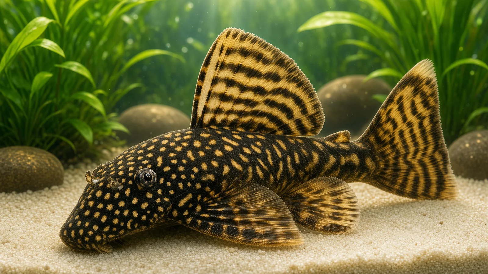 Ancistrus catfish with golden-black pattern of stripes and spots on sandy aquarium bottom