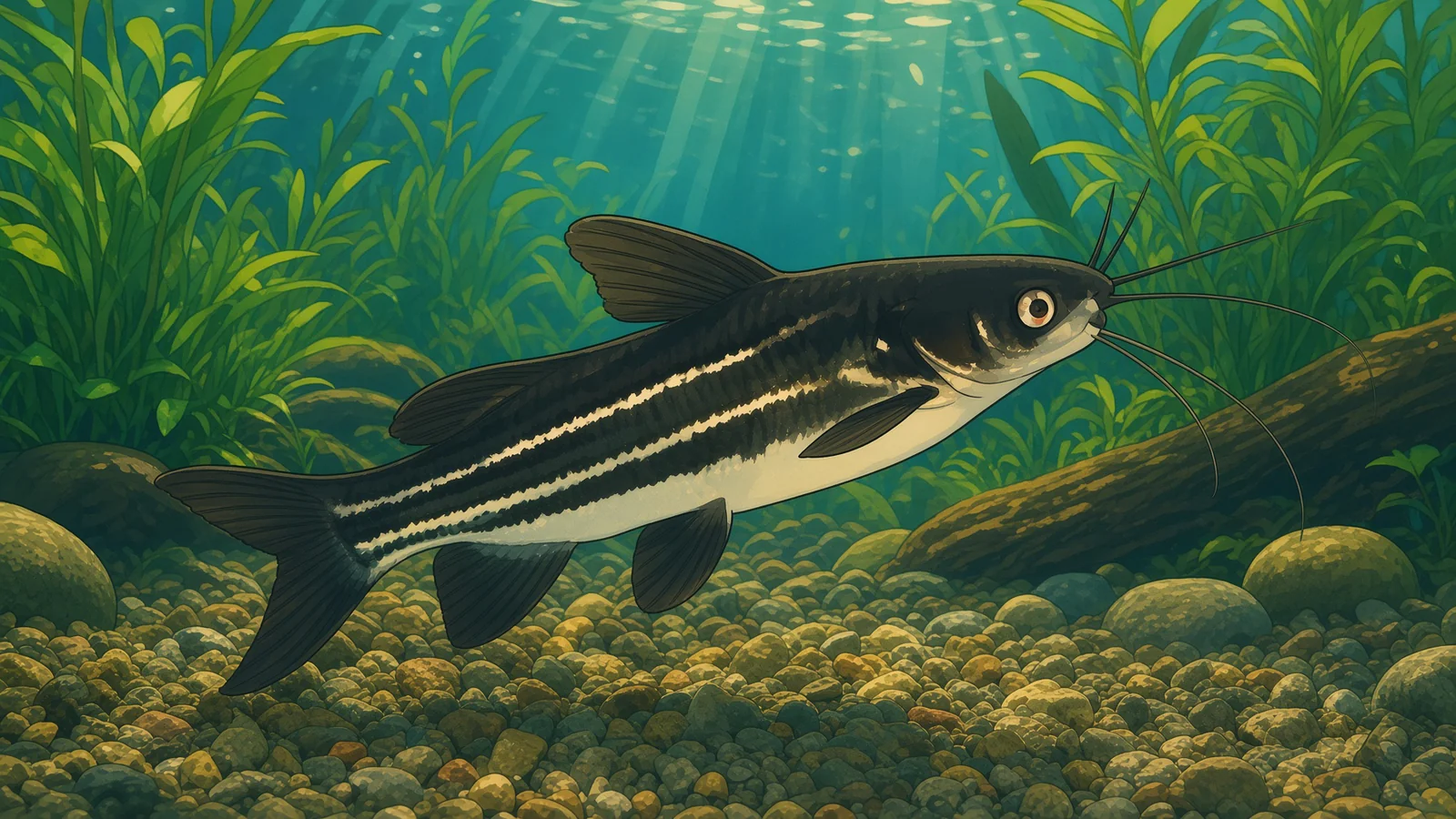 Mystus catfish with dark back, light belly, longitudinal stripes and long barbels on gravel substrate with aquatic plants