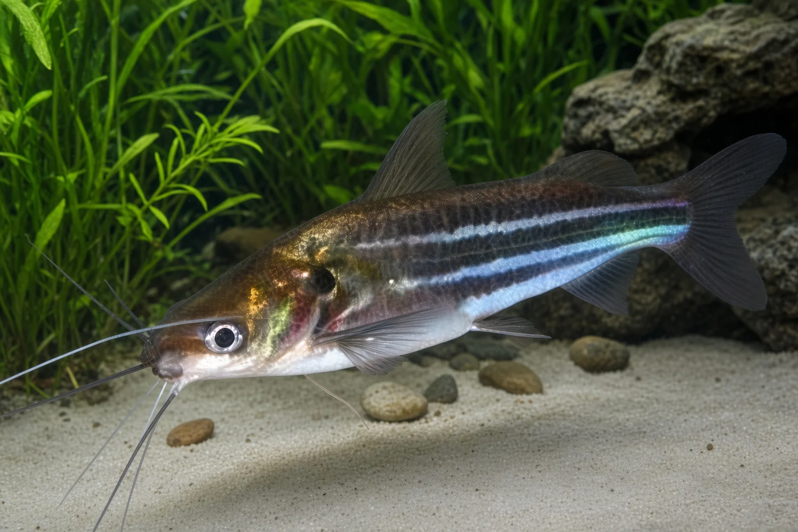 Mystus catfish with long barbels and blue stripes resting on aquarium substrate