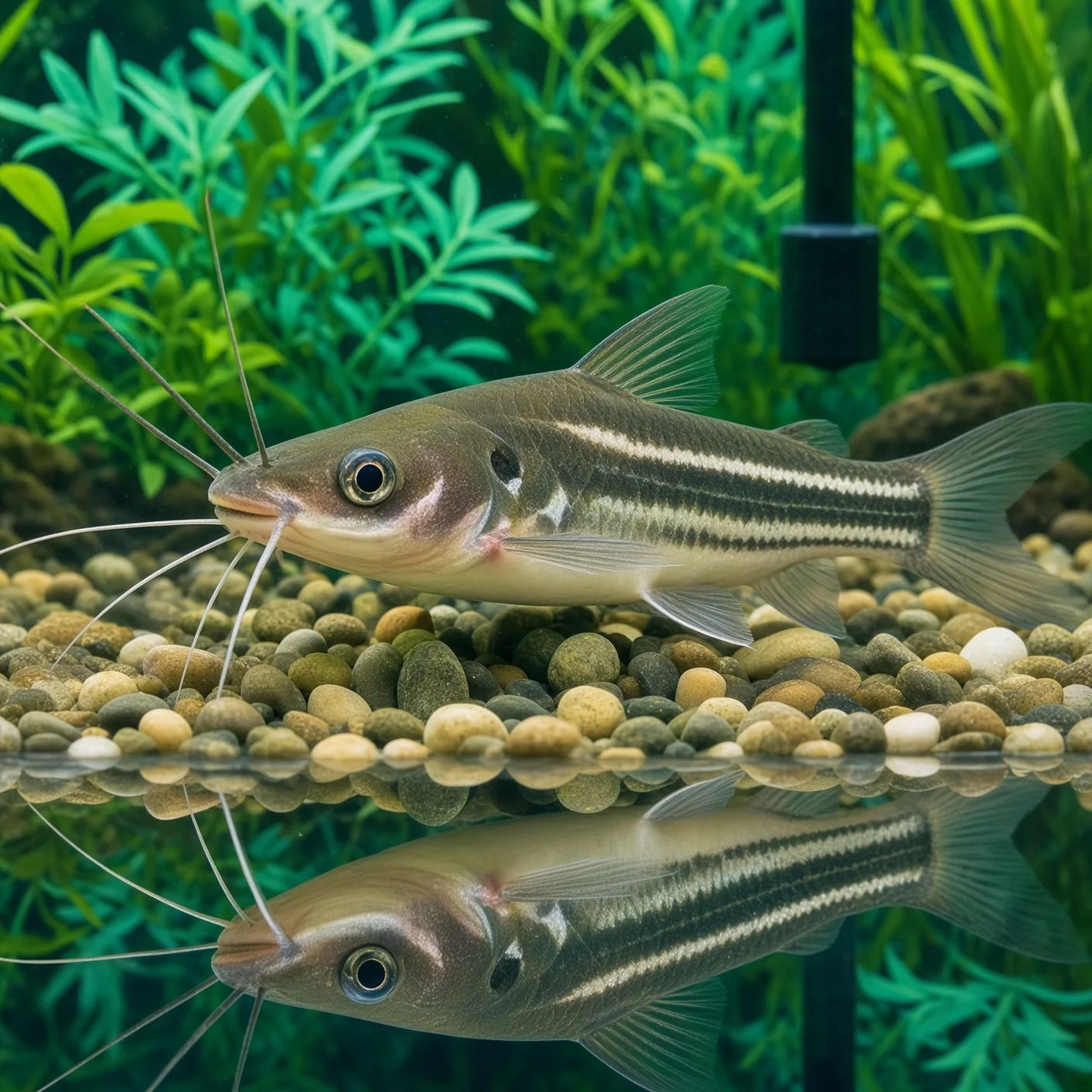 Striped mystus catfish with long barbels resting on gravel substrate in aquarium