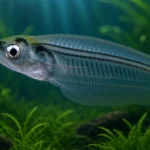Transparent glass catfish showing visible skeleton and internal organs with long barbels