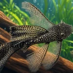 Veiltail catfish with spotted pattern and flowing fins resting on driftwood in aquarium