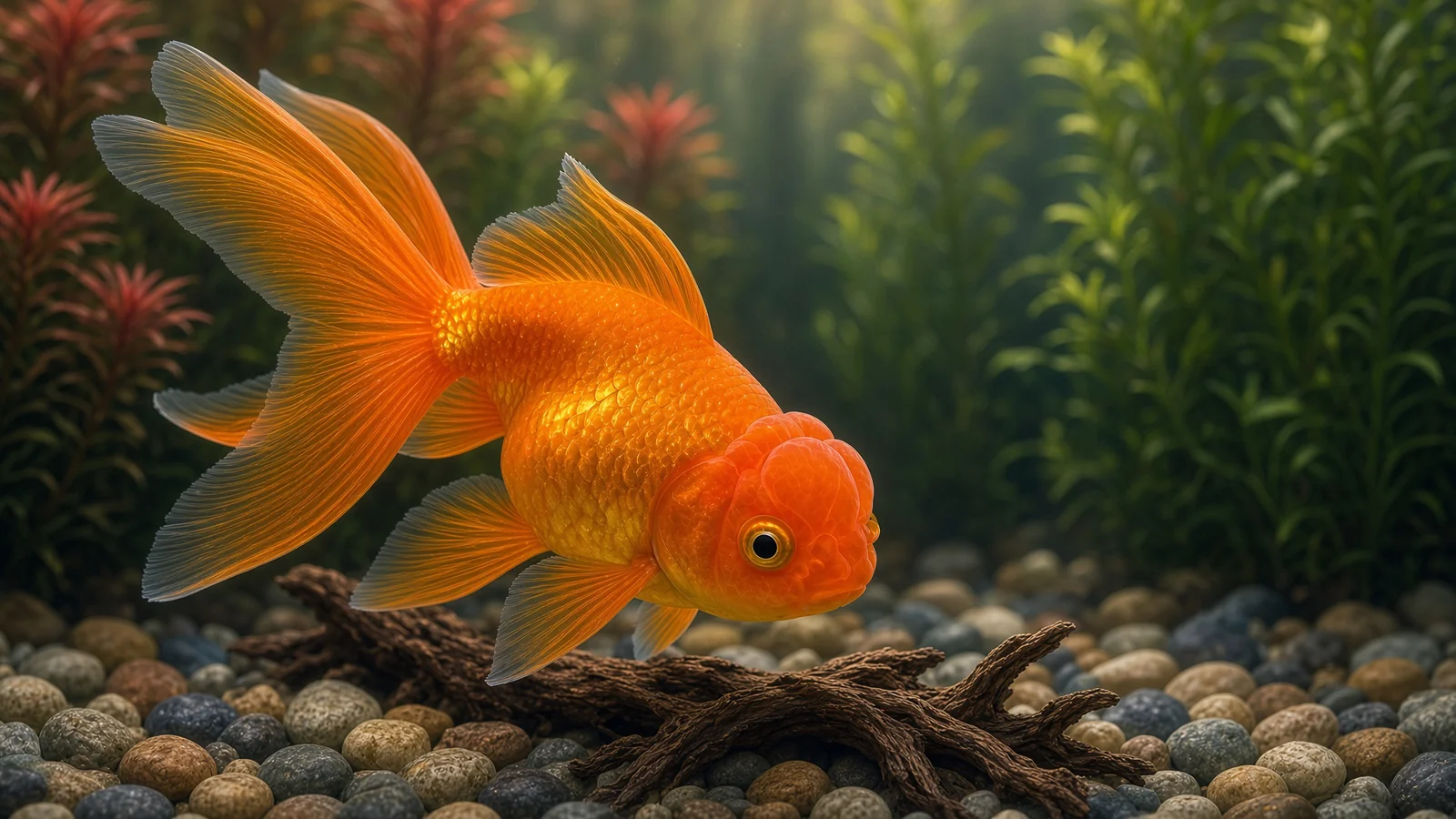Orange fancy goldfish with flowing fins and characteristic head growth swimming above pebbles in aquarium